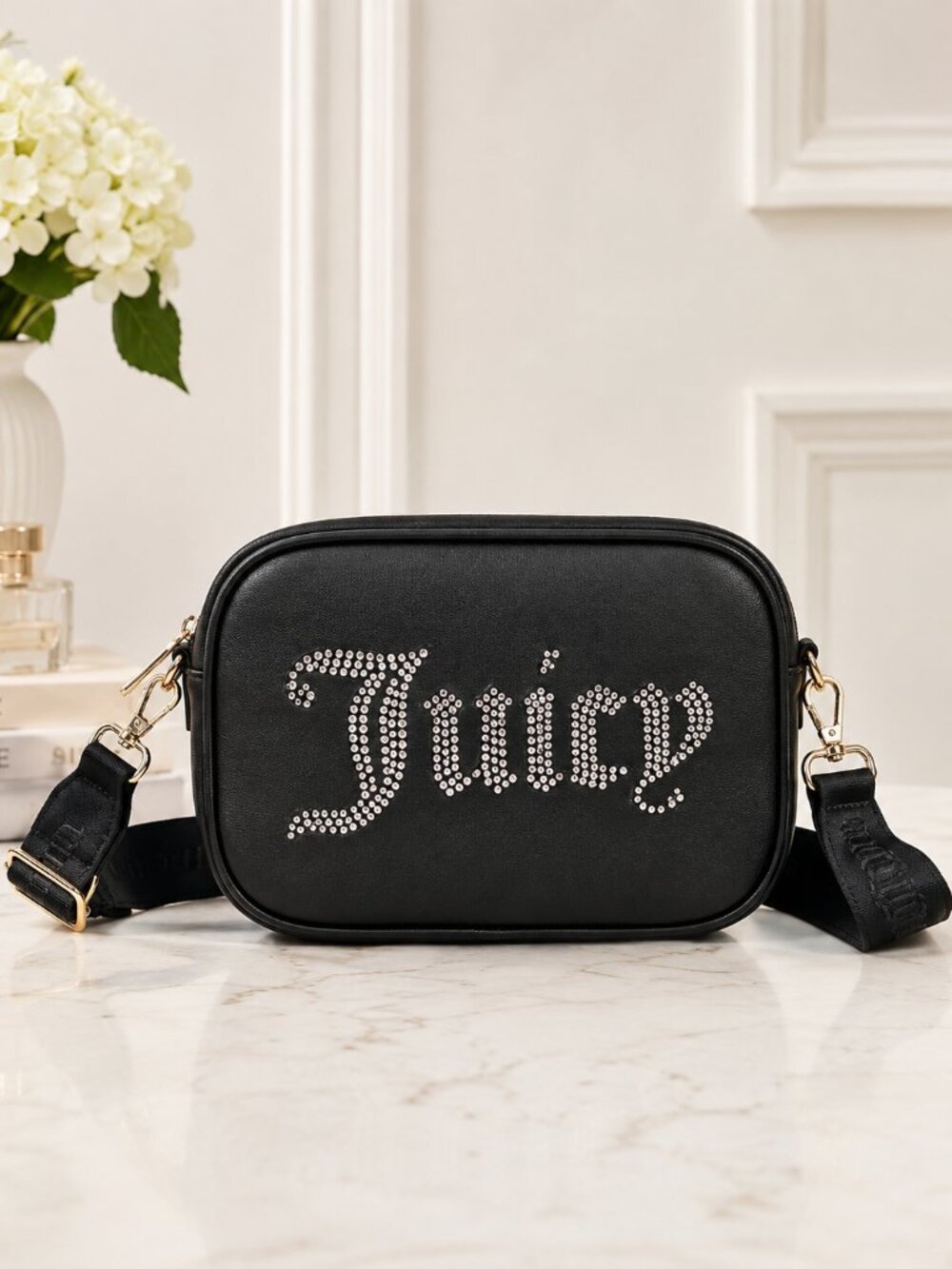 Juicy Couture Obsession Black Camera Bag Rhinestone Logo Crossbody NWT